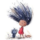 Whimsical illustration of girl with oversized starry hat and fluffy dog