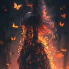Woman in dark dress with orange butterfly accents surrounded by butterflies in surreal setting