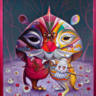 Vibrant painting of stylized owls with elaborate headdresses and floral decorations