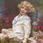 Portrait of young girl with curly hair holding book on golden chair among flowers.