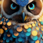 Colorful Owl Portrait with Detailed Feathers and Blue Eyes