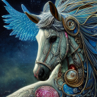 White horse in blue and gold armor with gears and wings on starry backdrop