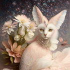 Majestic white cat with ornate headpiece in cosmic setting