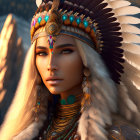 Detailed digital portrait of a pale-skinned female with feathered headdress and golden jewelry