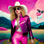 Person in Pink Leather Outfit Poses in Psychedelic Landscape