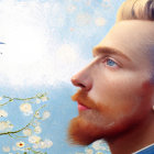 Blonde person in blue suit gazes at bird in blossoms