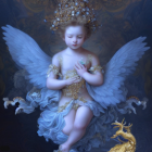 Ethereal angelic figure with glowing blue wings and ornate attire