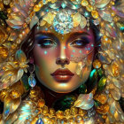Digital artwork of woman with golden jewelry and blue eyes