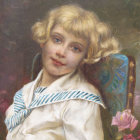 Blonde Woman in White Floral Outfit Seated by Pink Blooms