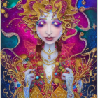 Colorful fantasy artwork of a woman in gold jewelry with gems and florals.