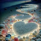 Twilight beach scene with sparkling gemstones and serene sea