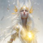 Ethereal fantasy figure in white and gold attire with glowing orb and celestial motifs