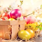 Colorful Easter Eggs Among Spring Blossoms and Flowers