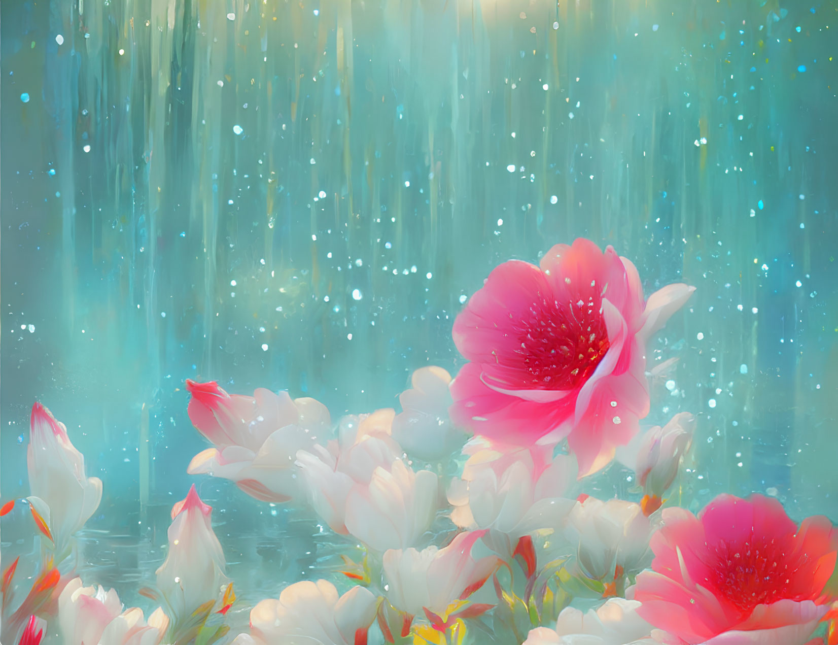 Vibrant pink flowers in misty forest with glittering rain