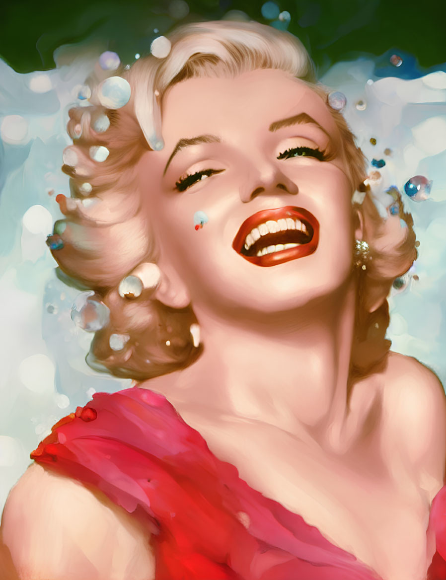 Blonde Woman Smiling in Red Outfit with Bubbles on Light Background