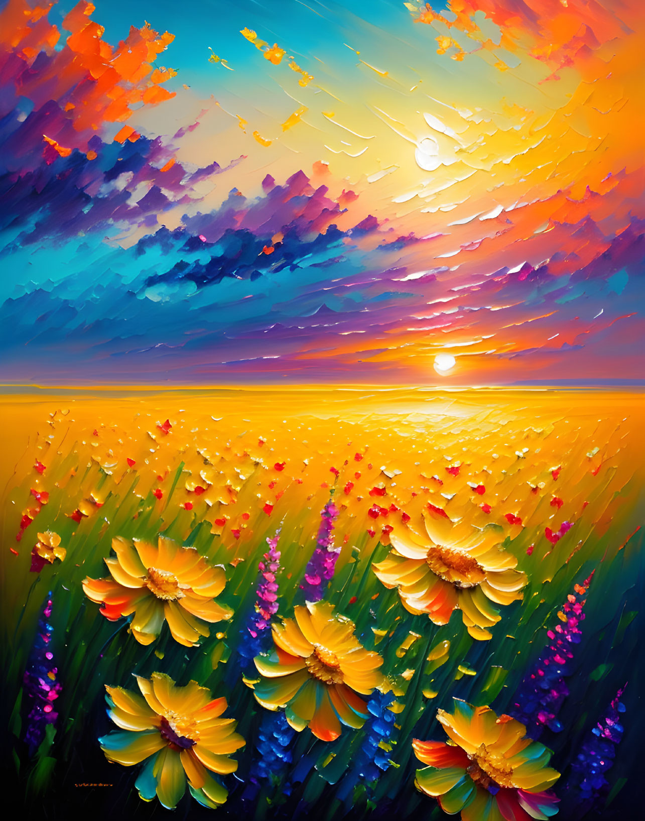 Colorful Sunset Painting Over Yellow Flower Field