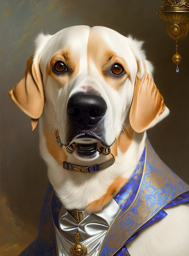 Regal Dog in Blue Robe with Medallion on Classic Portrait Backdrop