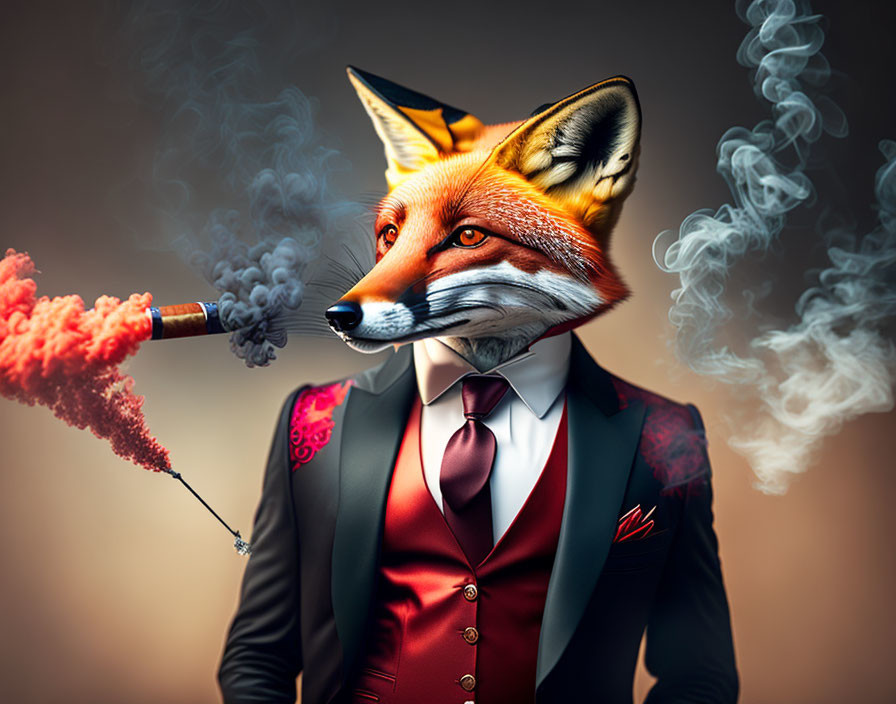 Anthropomorphic Fox in Suit with Cigar and Umbrella