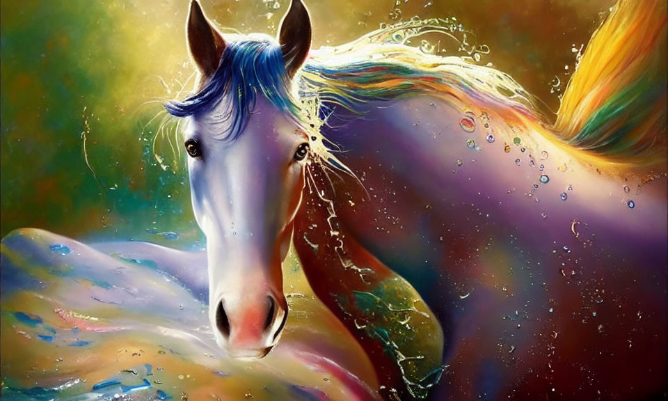 Vibrant horse painting with blue mane and water splashes on warm background