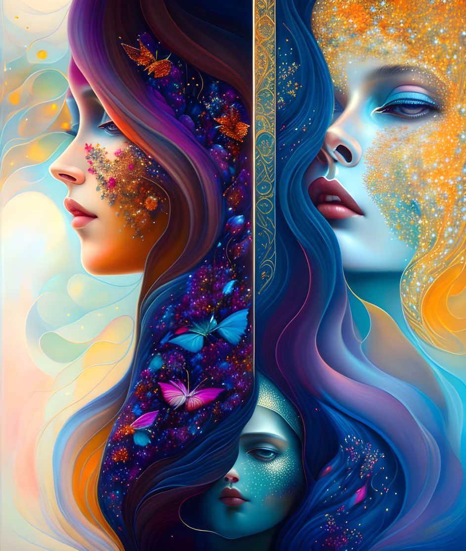 Colorful digital artwork of three women's profiles with cosmic and floral themes