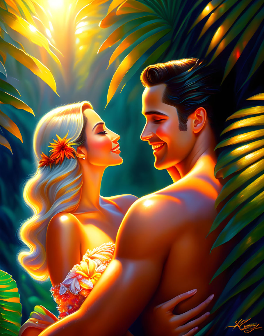 Romantic couple embracing in lush tropical setting with warm light