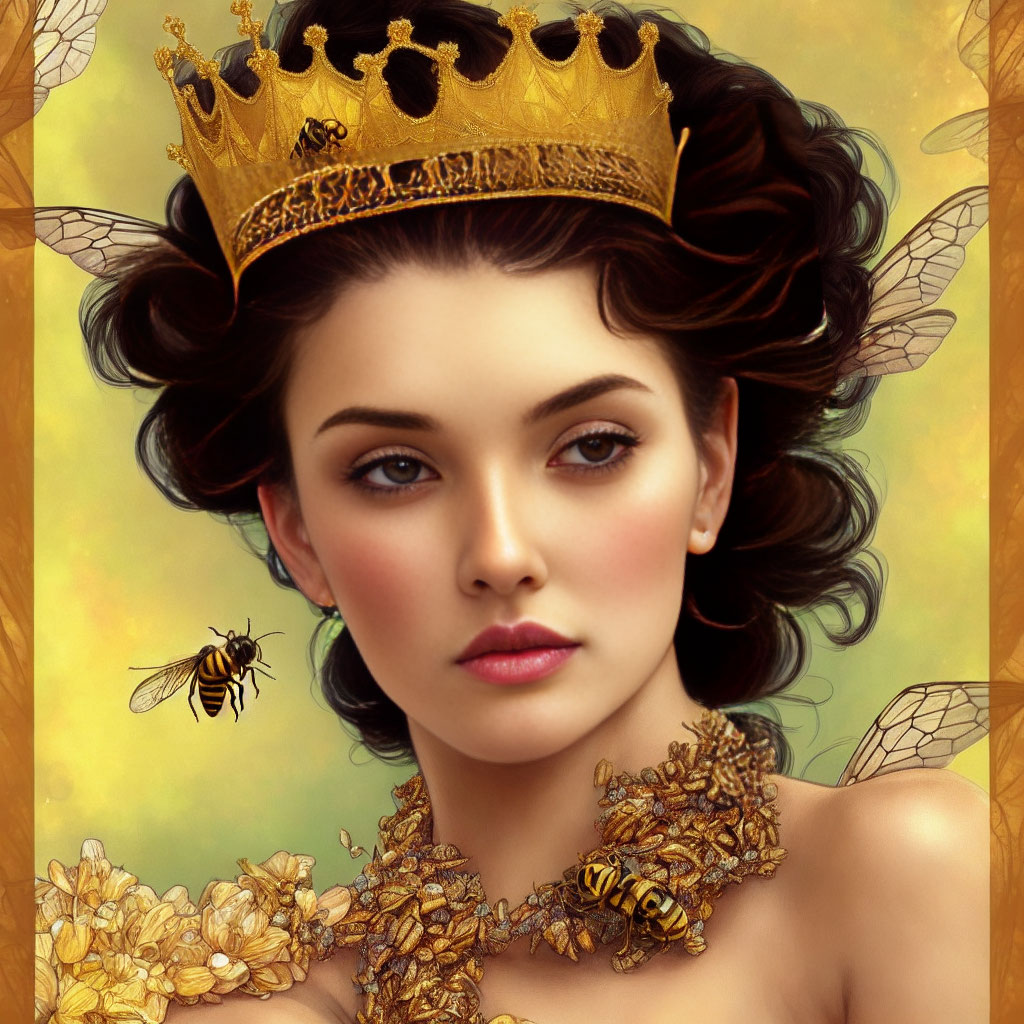 Digital Artwork: Woman with Crown and Bees, Golden Honeycomb Jewelry