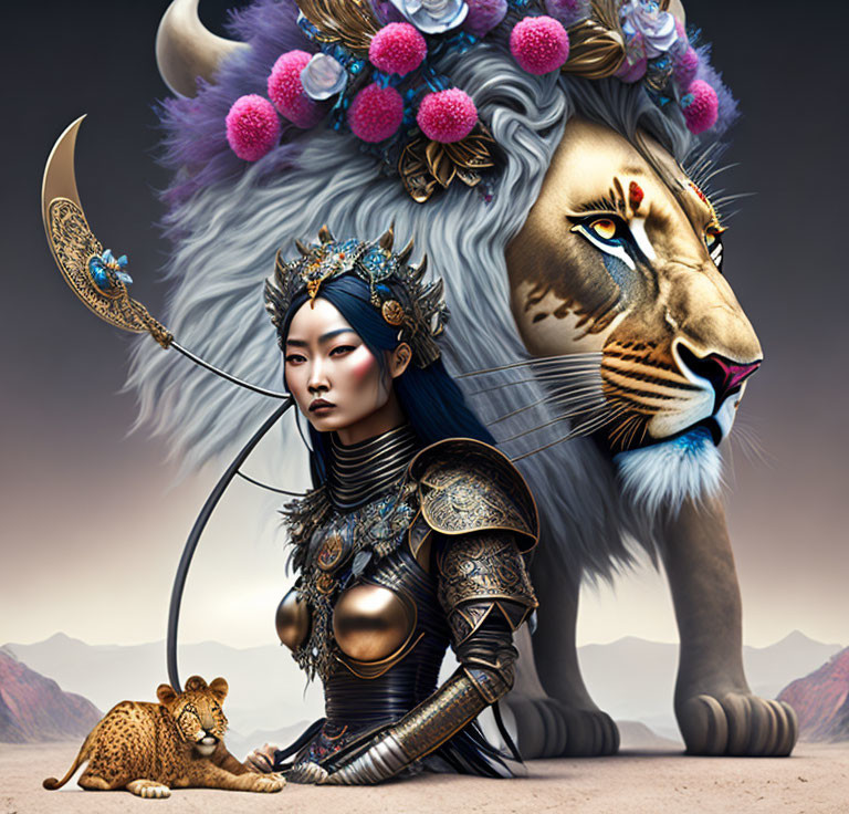 Warrior woman in ornate armor with lion and leopard in desert scene