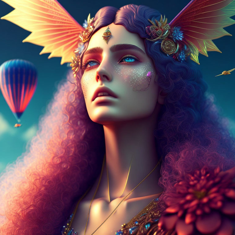 Fantasy female figure with vibrant curly hair and butterfly wings in sky with hot air balloons