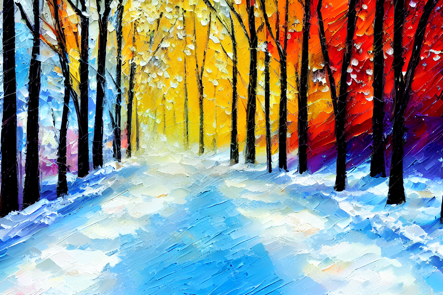 Vibrant snowy path painting with colorful trees in transition