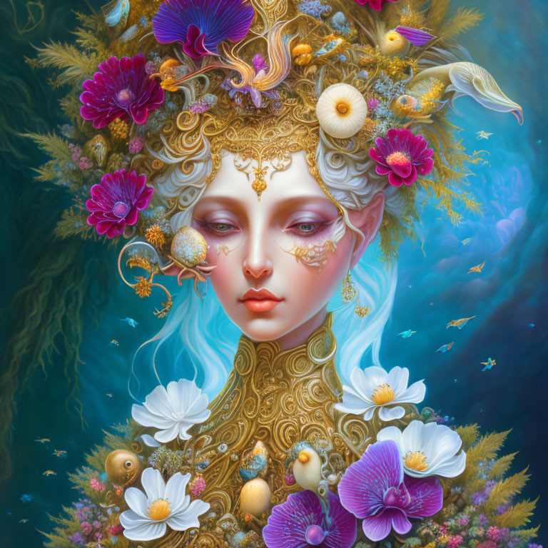 Fantastical portrait of female figure with gold adornments and vibrant nature elements
