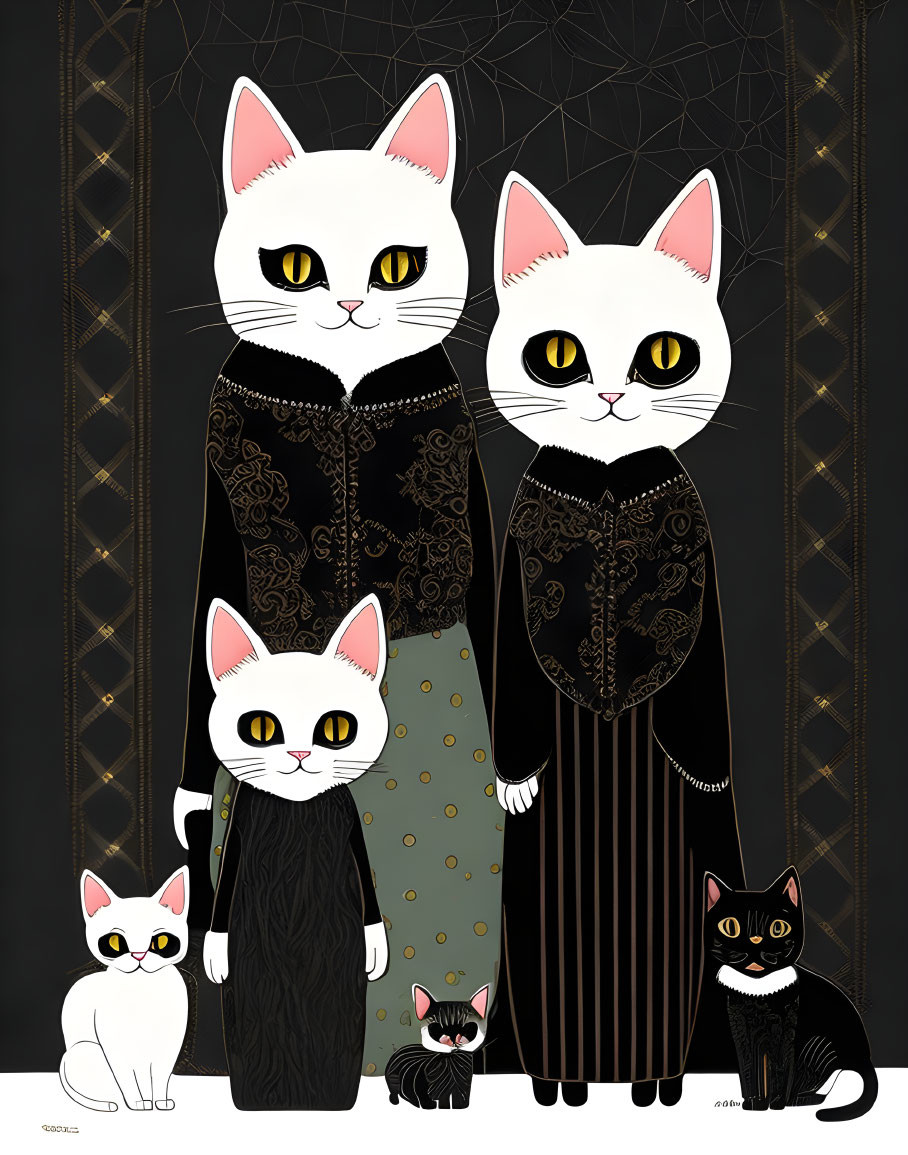 Anthropomorphic cat family in elegant attire on dark background