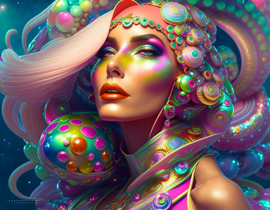 Colorful Makeup and Futuristic Headgear Artwork with Neon Sci-Fi Aesthetic