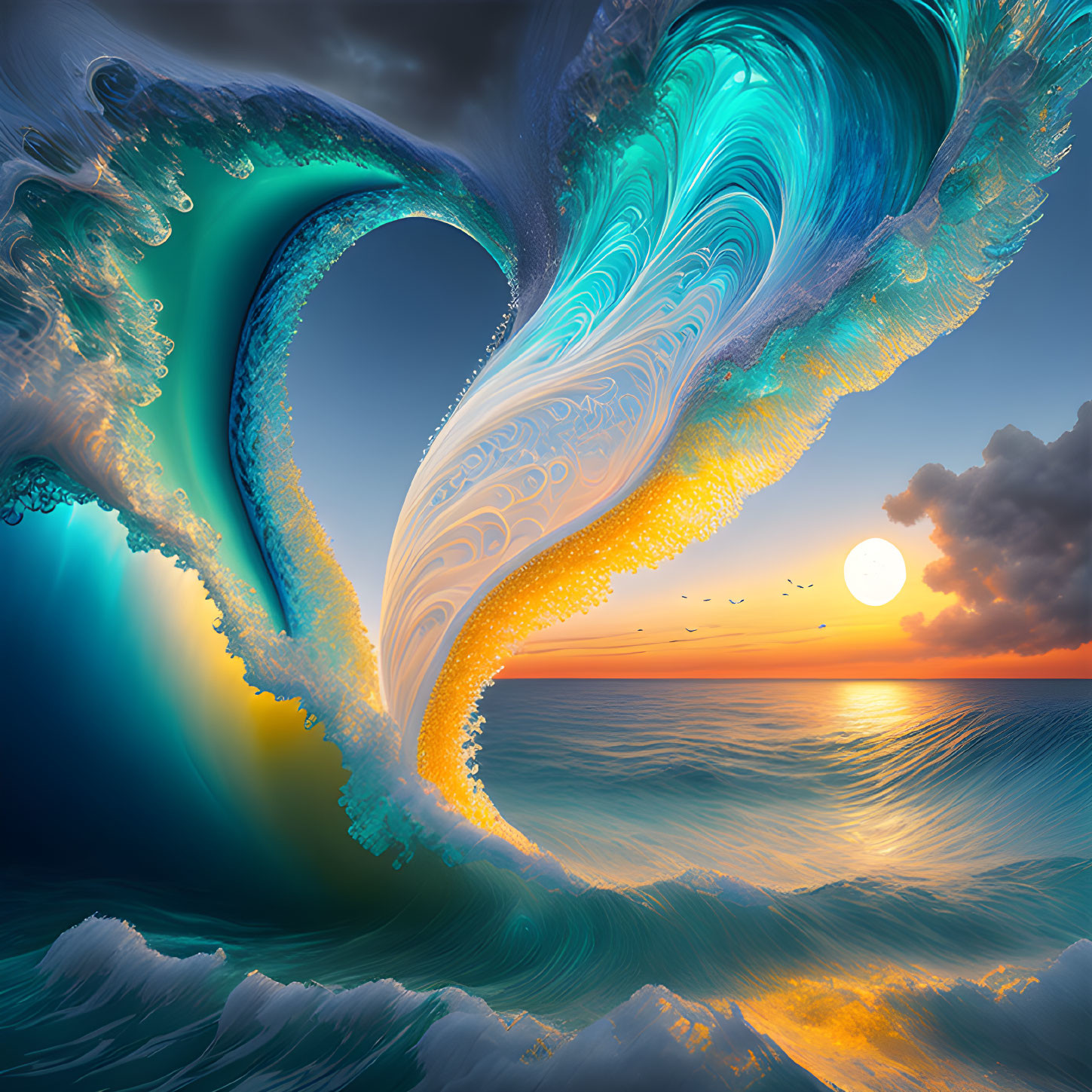 Heart-shaped wave digital artwork with intricate patterns against a sunset sky and birds in vibrant colors