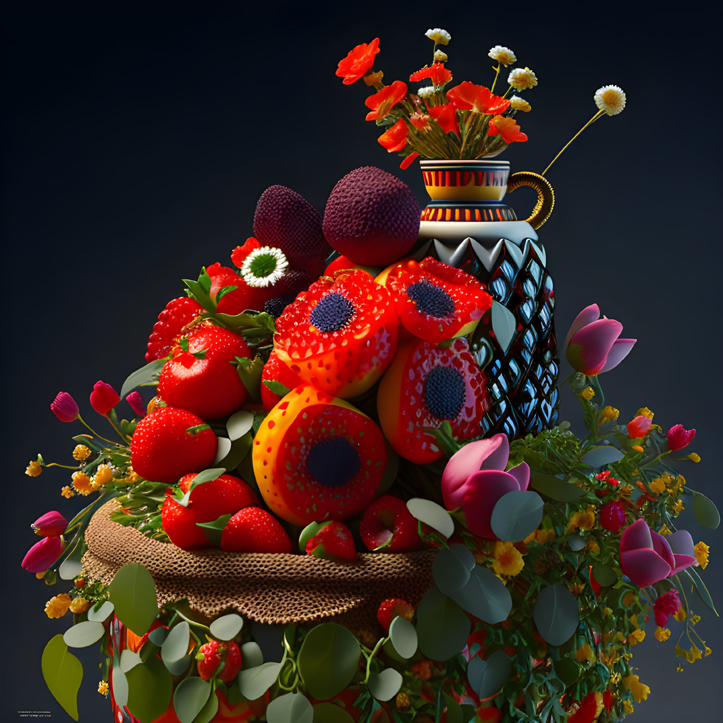 Colorful 3D illustration of flowers and fruits in ornate vase