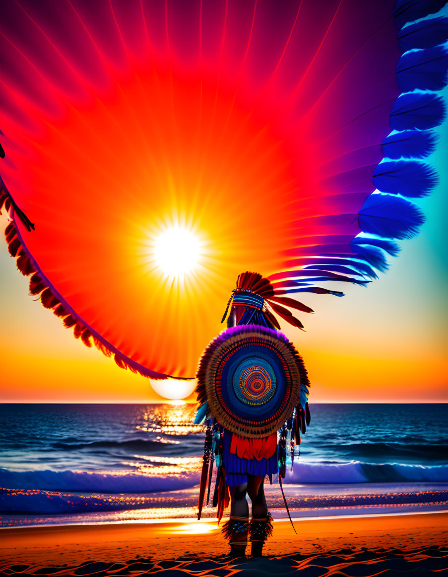 Native American person in headdress on beach at sunset with vibrant colors.