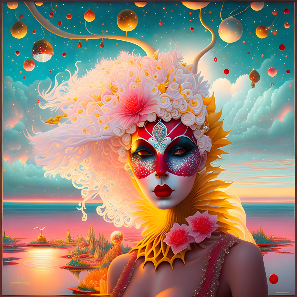 Colorful artwork: woman with fantasy makeup and headdress against surreal sunset.
