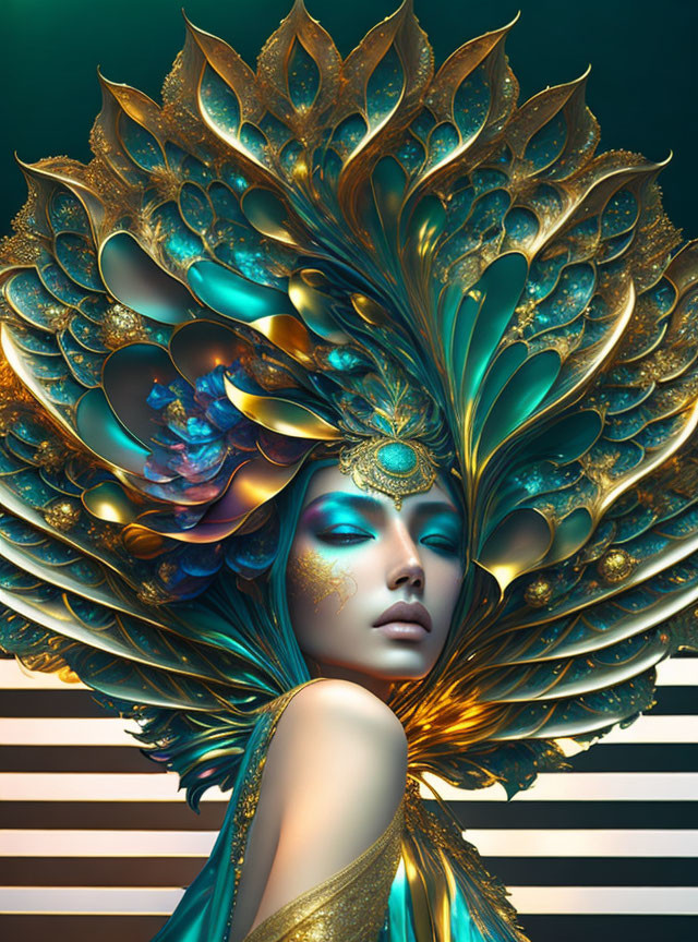 Fantasy-inspired woman with peacock-feather headdress and gold details