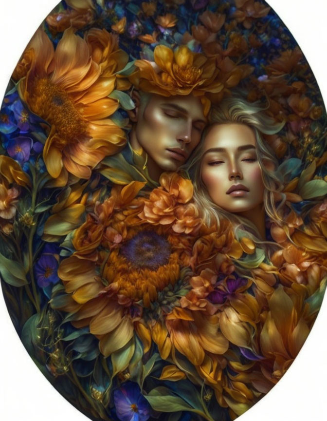 Serene faces in sunflower and purple bloom setting