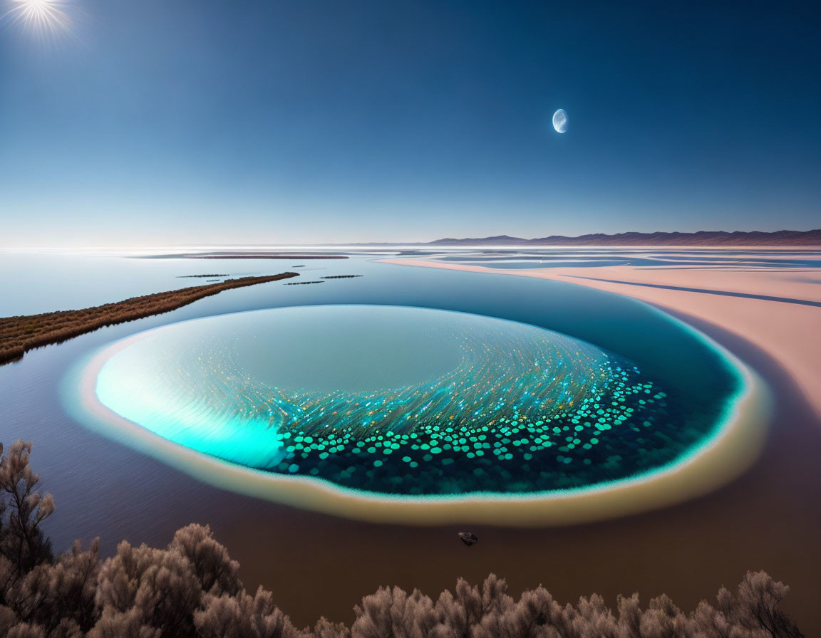 Tranquil blue lake with bioluminescent patterns, white salt flats, sun and crescent