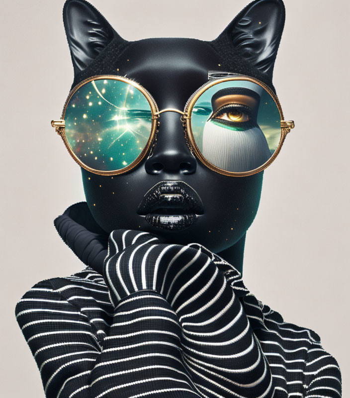 Surreal image of person with glossy black feline head and cosmic scene reflection