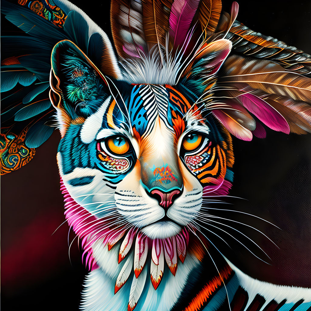 Colorful Tribal Tiger Artwork with Feathers and Patterns