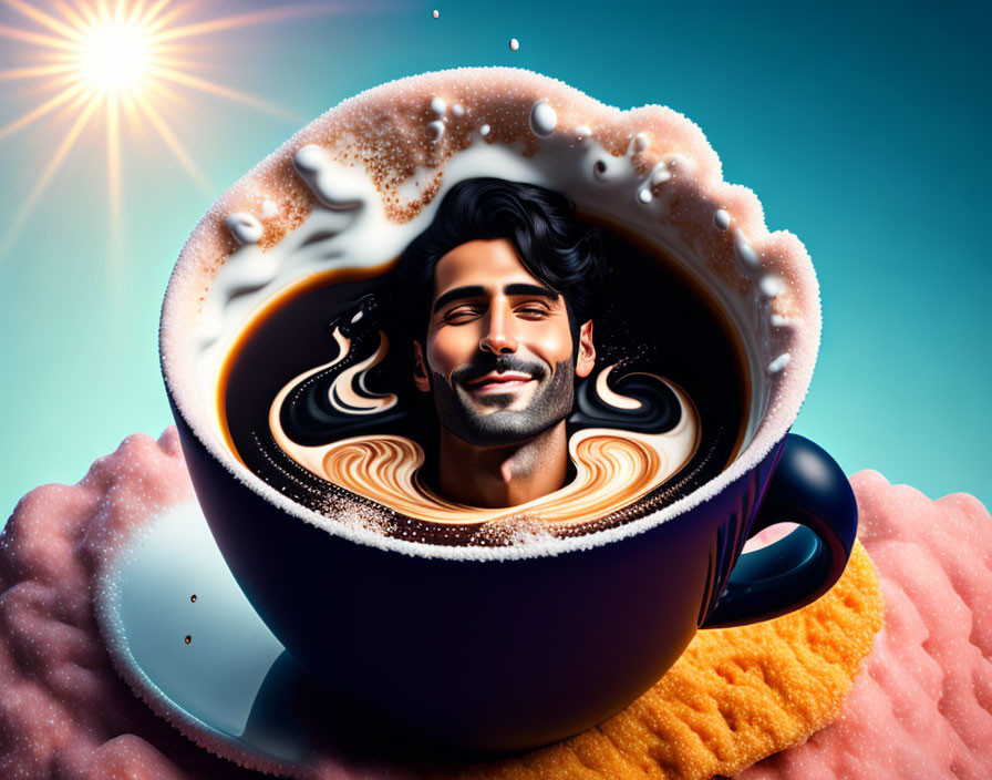 Man's face emerges from galaxy-like coffee cup against vibrant backdrop
