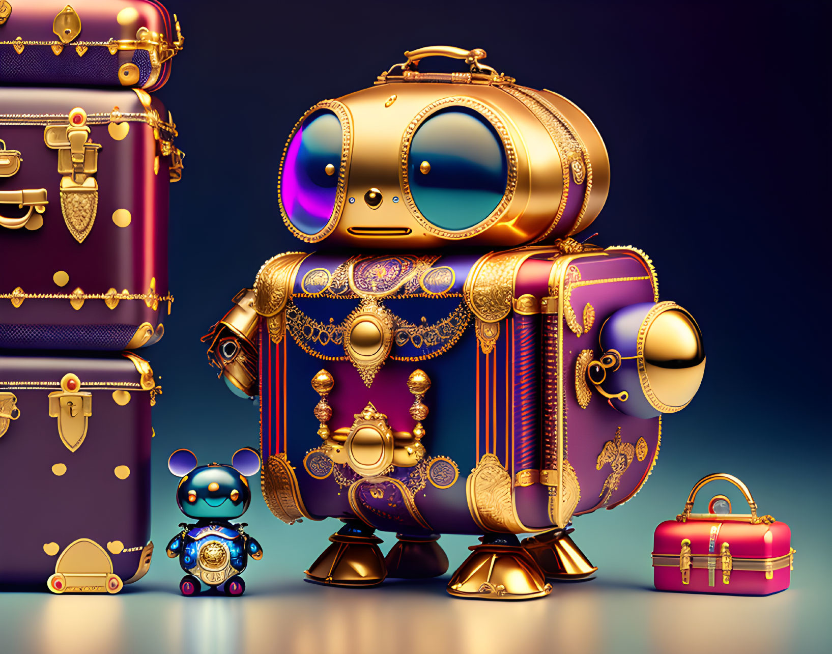 Large Gold and Purple Steampunk Robot with Blue Companion in Vintage Luggage