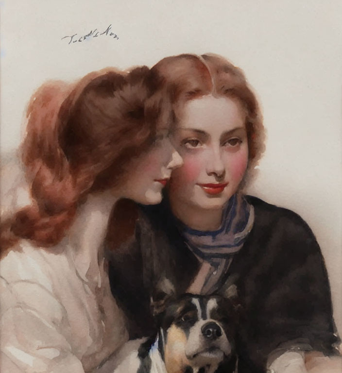 Vintage Attired Women Whispering with Small Dog in Foreground