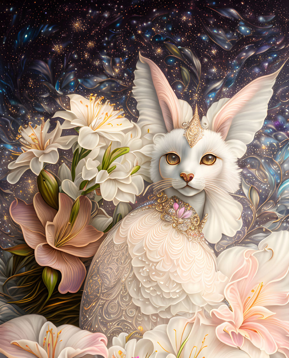 Majestic white cat with ornate headpiece in cosmic setting