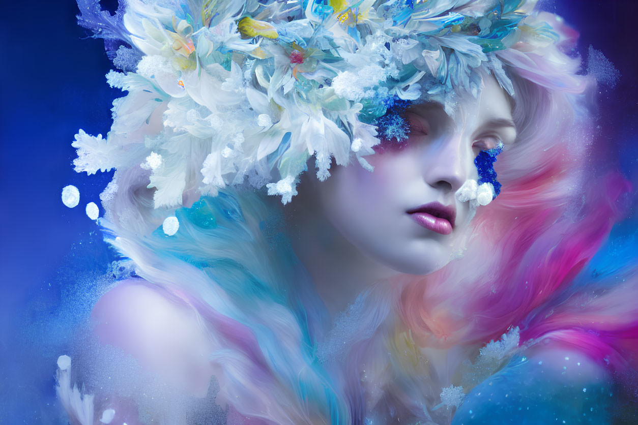Colorful Portrait with Flowery Headdress on Blue Background