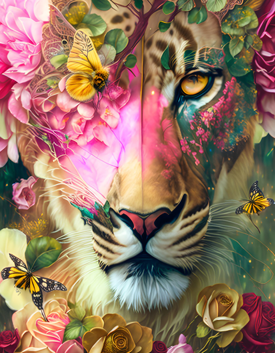 Colorful Tiger Face with Flowers and Butterflies: Digital Artwork