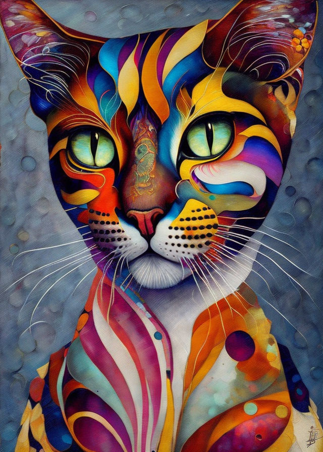 Colorful Abstract Cat Illustration with Expressive Eyes and Brush Stroke Patterns