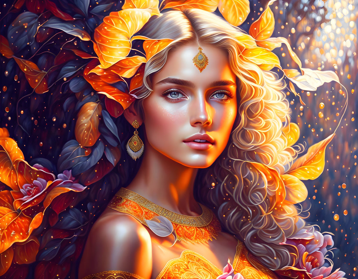 Illustration: Woman with Golden Curly Hair, Orange Flowers, Ornate Jewelry