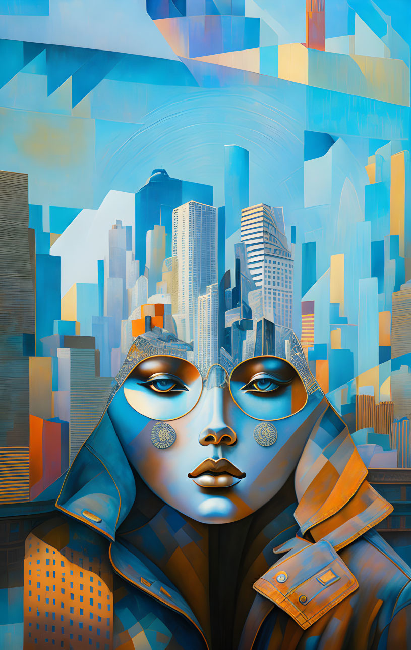 Abstract artwork: Blue-skinned figure with geometric facial adornments in futuristic cityscape.